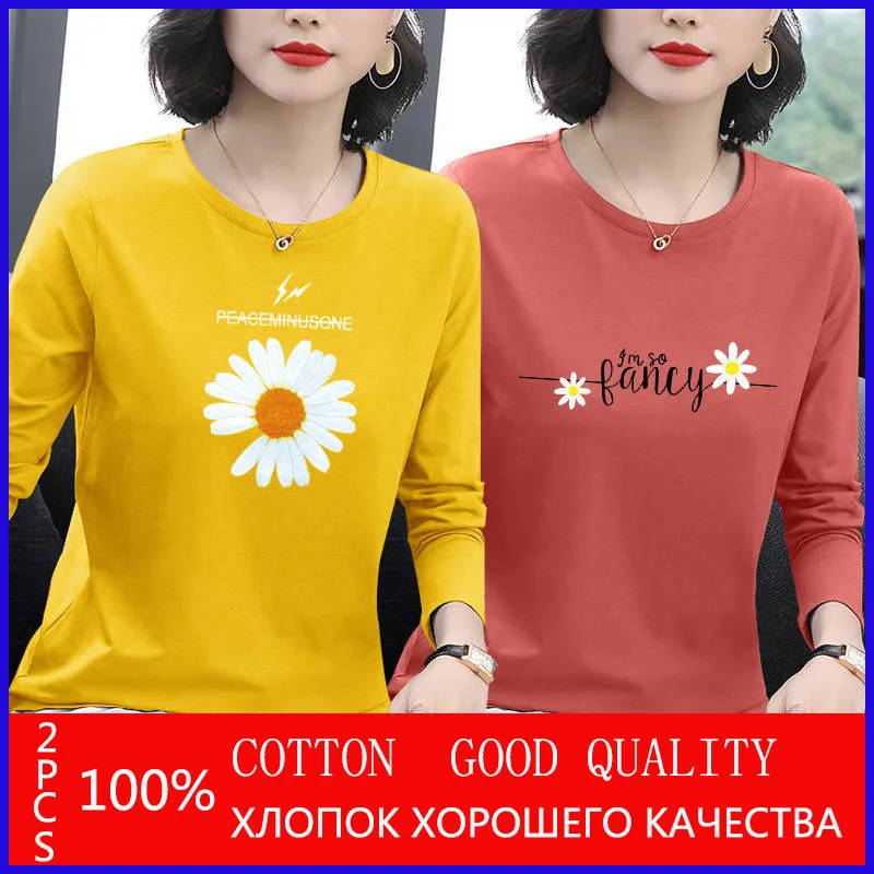 2020 Nuevo Algodón Camiseta de Mujer de la Moda de Primavera O de Cuello de Manga Larga T-shirt de Mujer Estilo coreano Más el Tamaño de la Camisa de la Mujer Camisetas 3