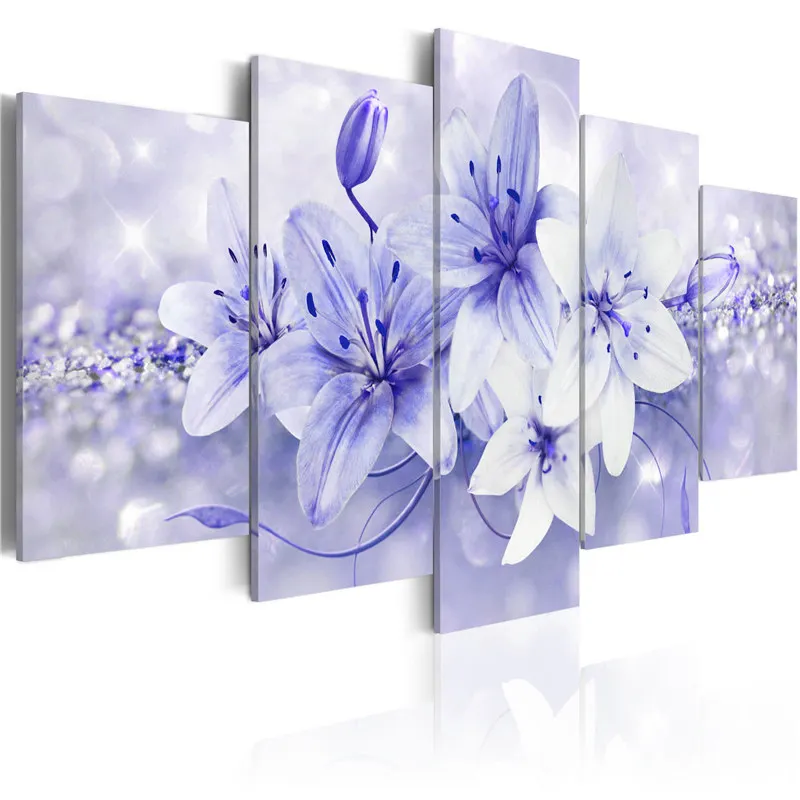 5 Piezas Colorido Floral Arte de Pared Simple Lirios, Flores Cartel Elegante Pintura en tela, Impresión en colores Pastel para las Niñas de la Sala de Decoración para el Hogar 3