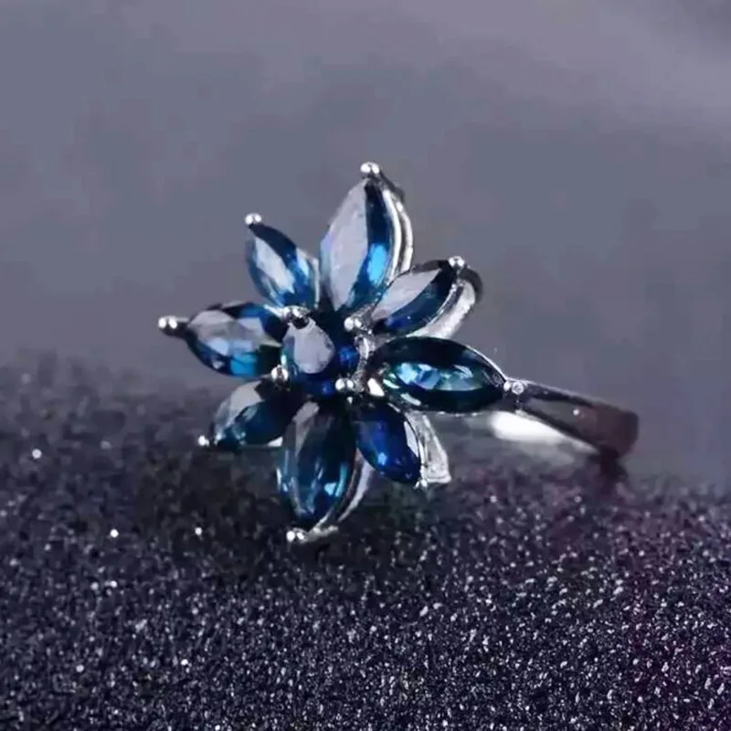 Romántico zafiro anillo flor natural oscuro, azul zafiro anillo de plata maciza de 925 de la plata esterlina anillo de zafiro de fiesta de noche 3