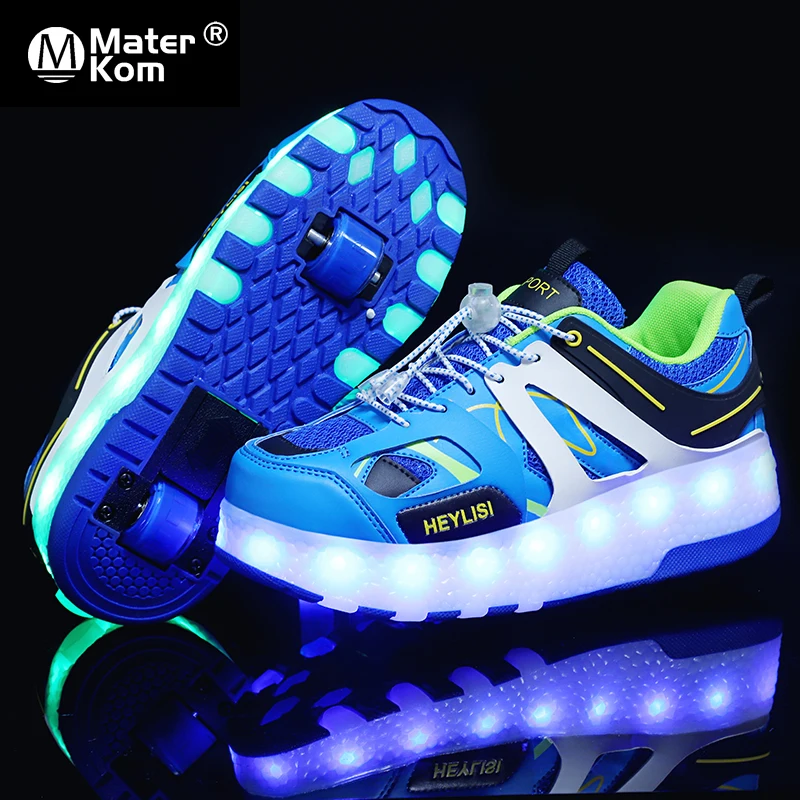 Tamaño de 28 a 40 Niños de Luz Led de Zapatos de Niños de Carga USB Luminoso Zapatillas de deporte con Ruedas de Doble Niñas Brillante de Rodillos Doble de Zapatos 3