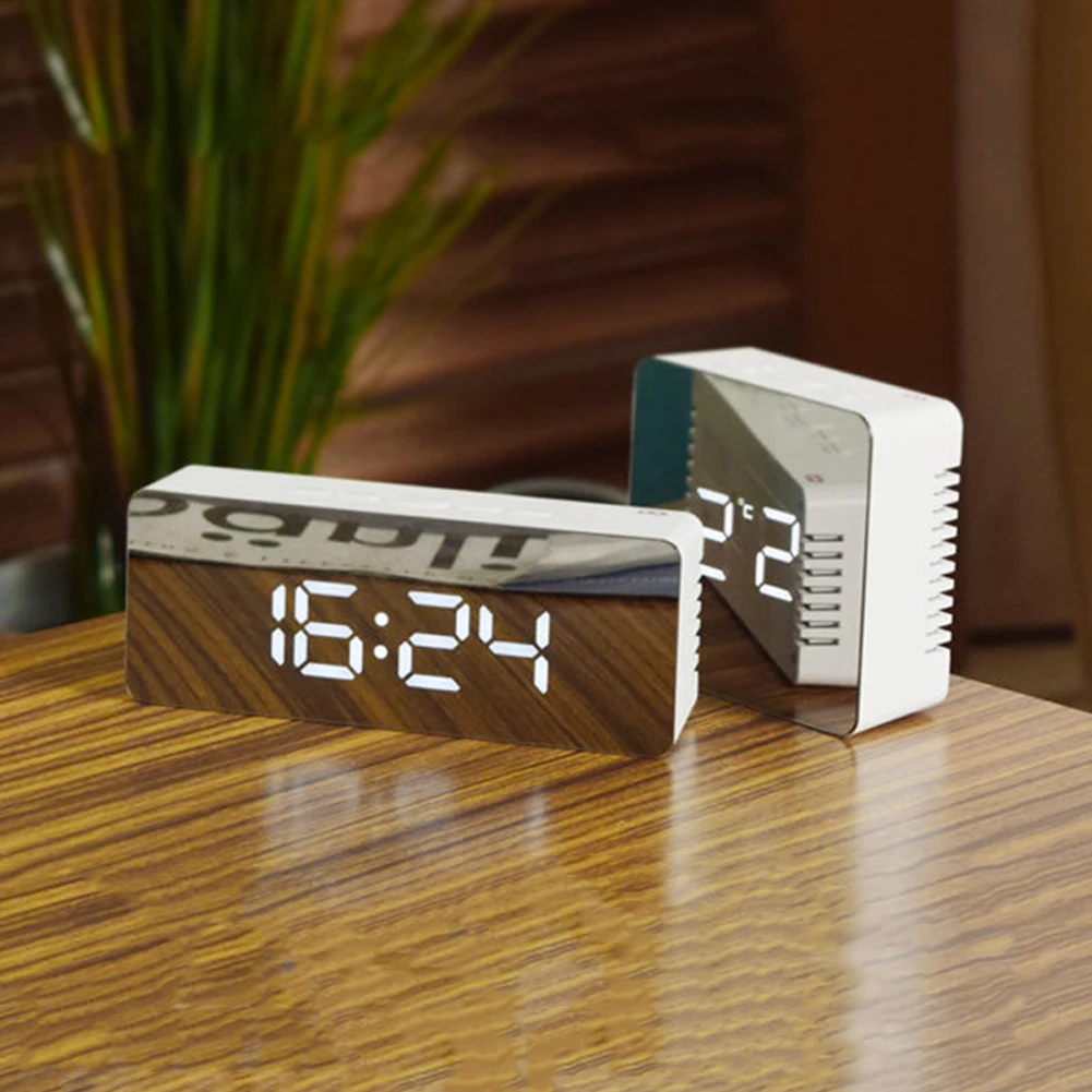 USB LED Digital Reloj de Alarma 12H 24H, Alarma y Función de Repetición de alarma Espejo Reloj Interior Termómetro Electrónico de Escritorio Relojes de Mesa 3