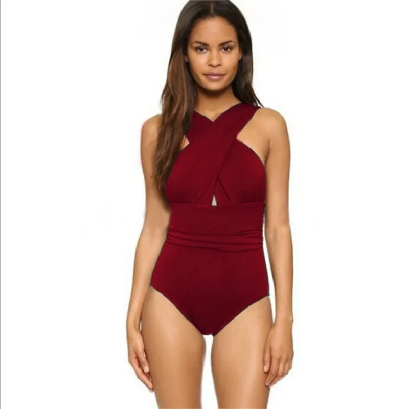 2021 Sexy Cruz Halter de las mujeres trajes de baño Sólido de una sola pieza traje de baño de las mujeres trajes de baño Negro Rojo ropa de Playa a Nadar 3