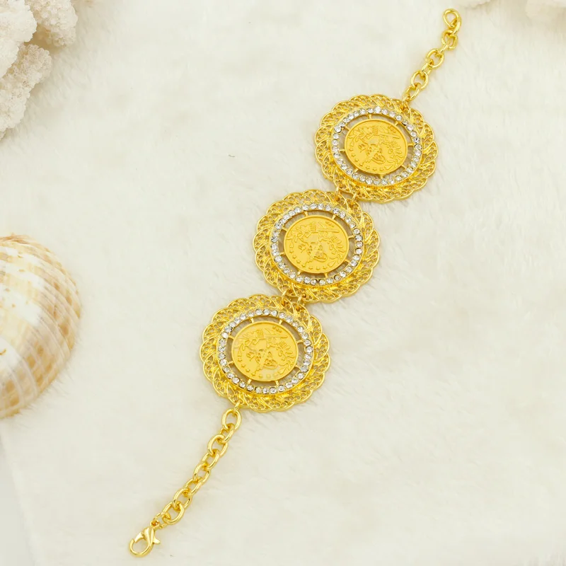 De alta Calidad de Oro de Dubai Conjuntos de Joyas para las Mujeres de la Vendimia de la Boda de la Moneda de Oro Grandes Aretes Collar de Cristal De 24 de Oro de la Joyería Nupcial 3
