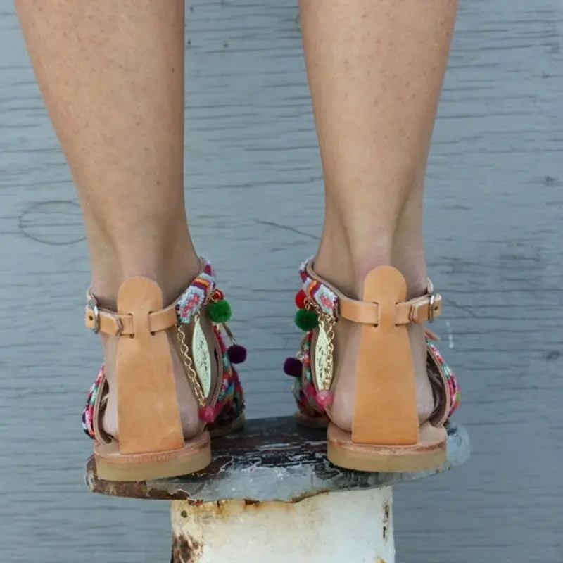 Más El Tamaño De 34-43 Étnico Bohemio De Verano De La Mujer Pompon Sandalias De Gladiador Romano Tirantes Bordado Zapatos Planos Sandalias Mujer De 78 3
