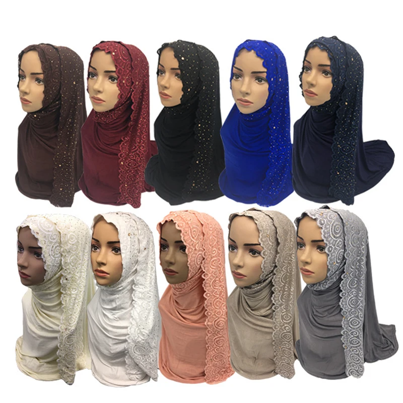 Algodón Musulmana Con Hiyab Bufanda De Las Mujeres Chal Islámica Turbante De Las Mujeres De Encaje Velo Musulmán Bufanda Chal De 10 Colores 3