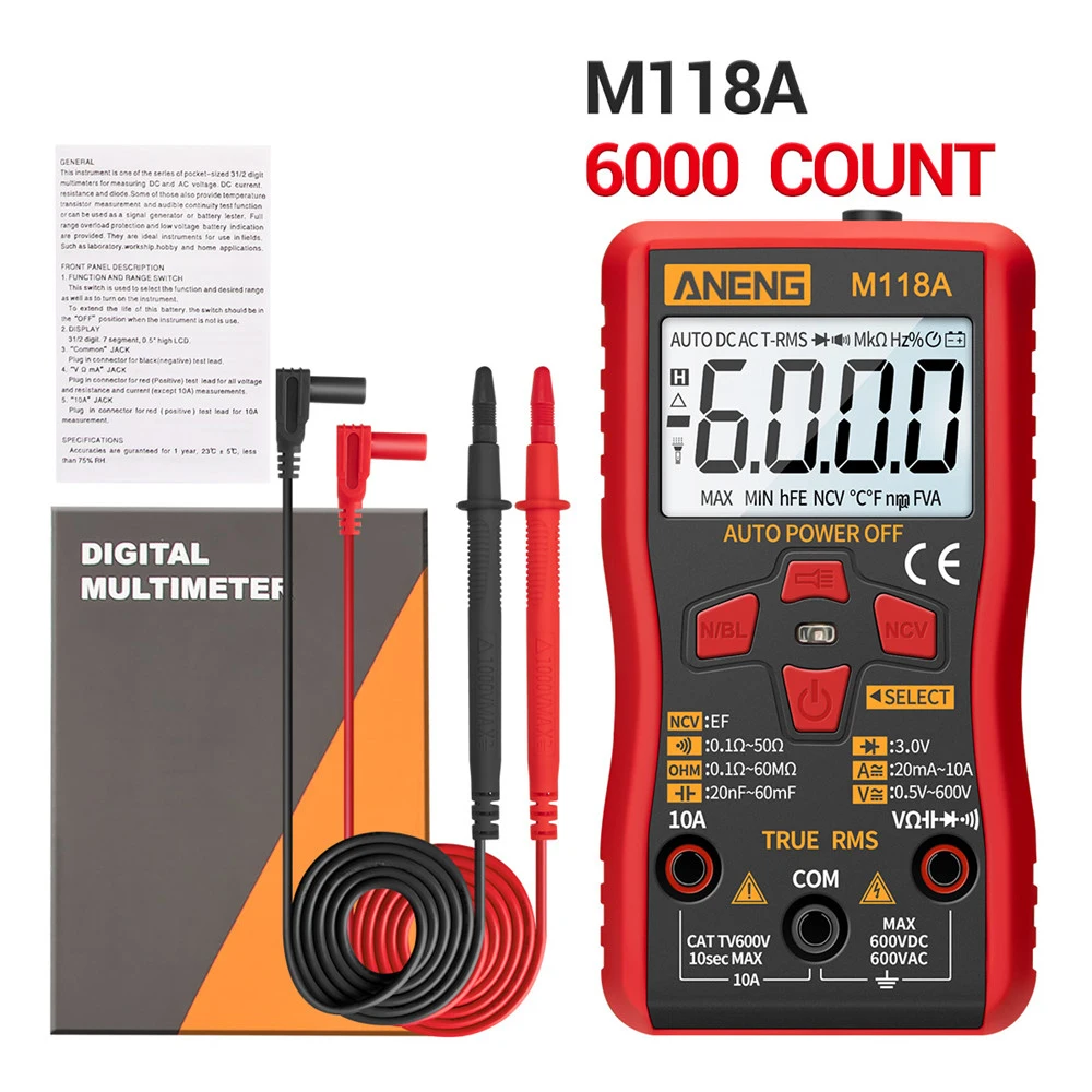 M118A Mini Multímetro Digital Probador de Auto Rango del Multímetro True Rms Amperímetro Medidor de la velocidad de conducción nerviosa de retención de Datos 6000counts Linterna 3