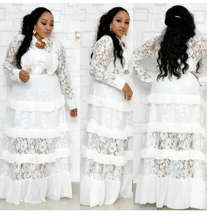 Elegante Blanco de Parte de las Mujeres Africanas de Costura mucho Más el tamaño de vestidos de Moda de Noche de encaje vestido de la cena Africana de la ropa 3