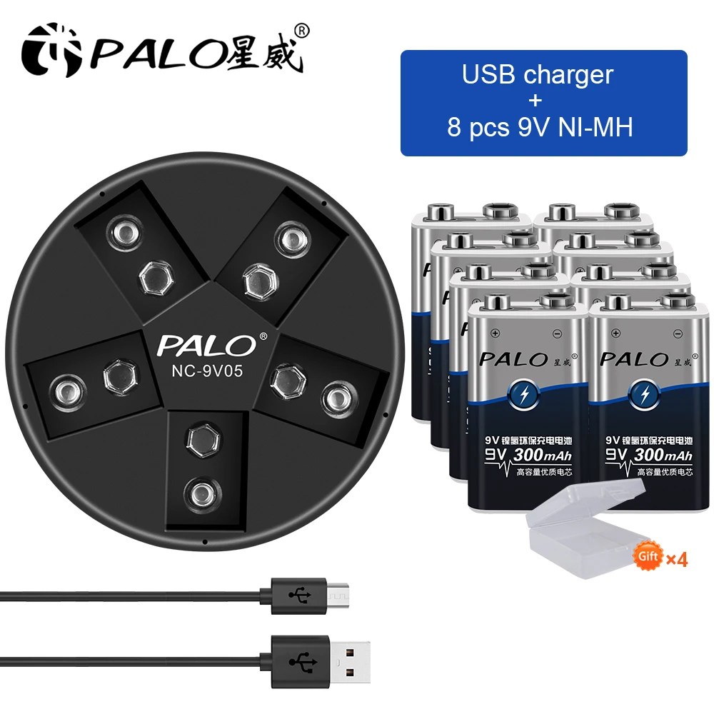 PALO USB 9V 6F22 Cargador de Batería de Litio Cargador de Batería para 1-5 Pcs de 9V Ni-MH/Recargable de ion-Litio de las Baterías 3