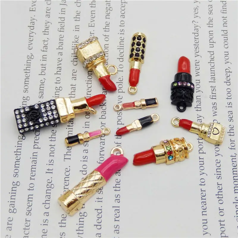 Julie Wang 10PCS Mixto Esmalte barra de labios Encantos de diamantes de Imitación de Aleación de Tono Oro del Collar de la Pulsera de la Joyería Accesorios 3