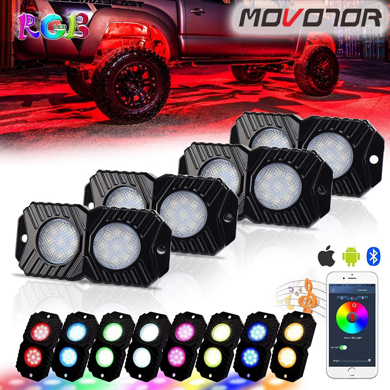 RGB LED Luces de Rock, Multicolor Underglow de Neón de Luz LED Kit de 4 Vainas Impermeable con el Modo de Música por Fuera de la Carretera de Camiones Coche ATV 3