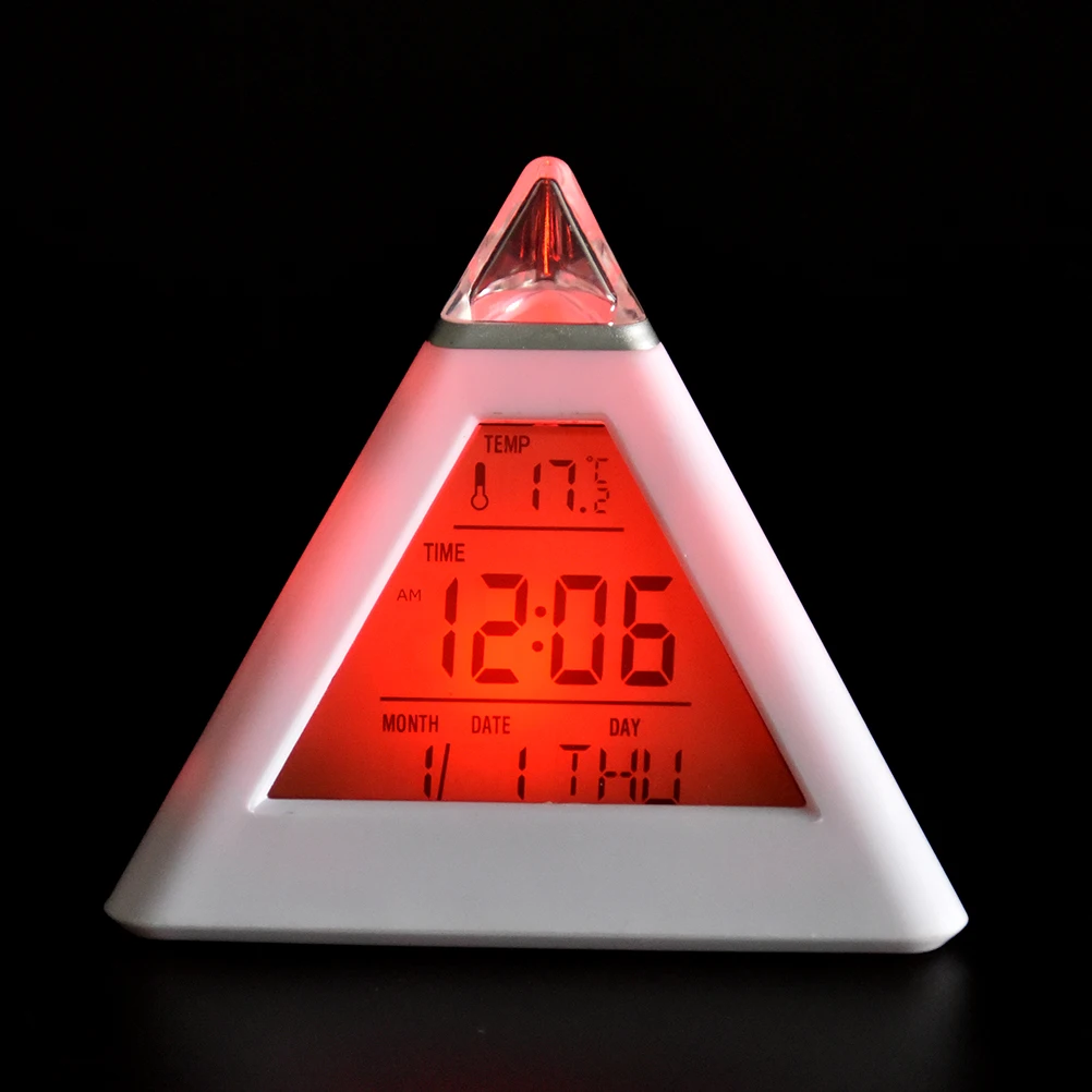 7 LED de Inicio del Escritorio de la Oficina de la Pirámide Digital del Color de la Retroiluminación siempre cambiante de la Tabla de Reloj de Alarma de Temperatura del Termómetro Calendario de la Fecha y Hora 3