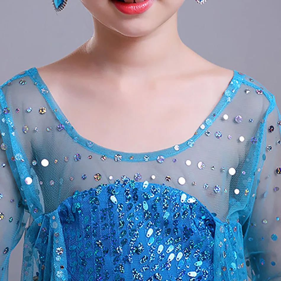 Elsa Vestido De Los Niños De Las Niñas Traje De La Reina De Las Nieves 2 Elsa Azul Con Lentejuelas De Manga Larga Vestido De Cosplay Disfraces De Halloween Vestido De Las Niñas 3