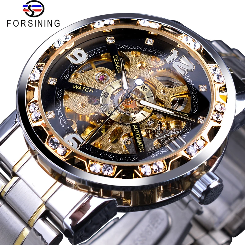 Forsining De La Moda De Diamantes De Oro De La Astilla Esqueleto Transparente Reloj Mecánico De Acero Inoxidable Luminoso Negocio Del Deporte De Los Hombres Reloj 3