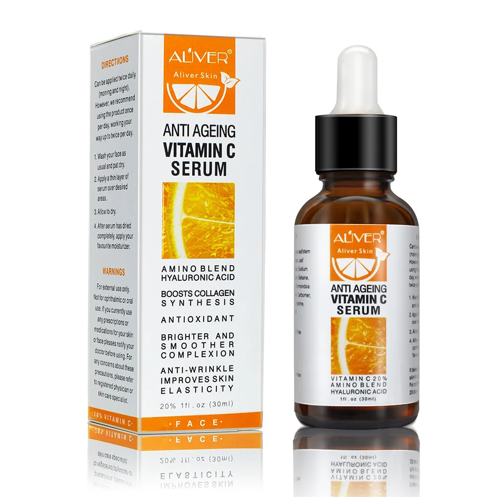 30ml, vitamina C suero facial, utilizado para la peca brillo, la reparación de las arrugas del ojo, el cuello brillo, anti-envejecimiento cuidado de la piel vitam 3
