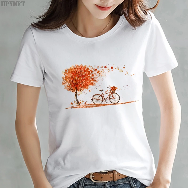 Harajuku de las Mujeres T-shirt de moda O-cuello de los años 90 Muchachas de la Señora Tops Camiseta de hojas Hermosas y bicicletas Impreso Casual Camiseta de las Mujeres 3