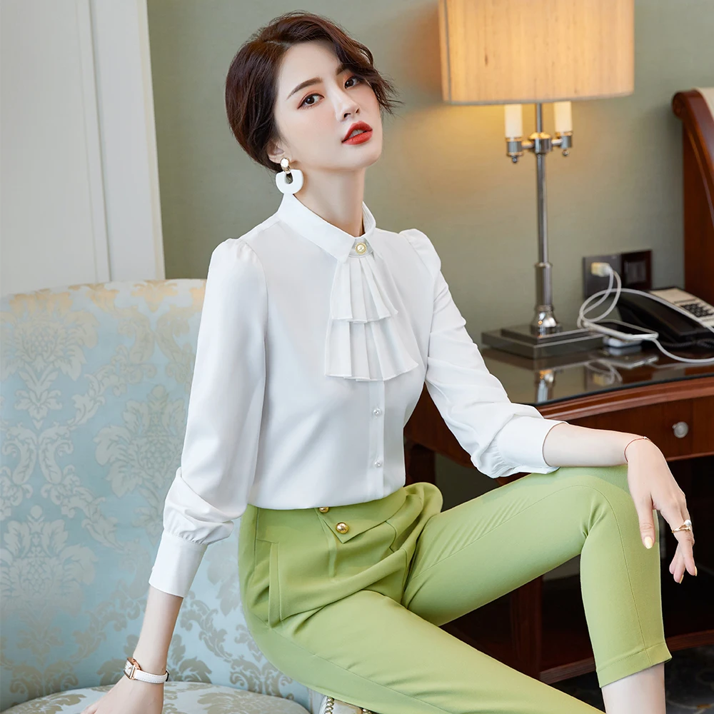 La moda de las Señoras de la Colmena de Blusas de Seda de las Mujeres más Reciente Blanco de Albaricoque Verde Formal de la Oficina de la Camisa Tops S-5XL 3