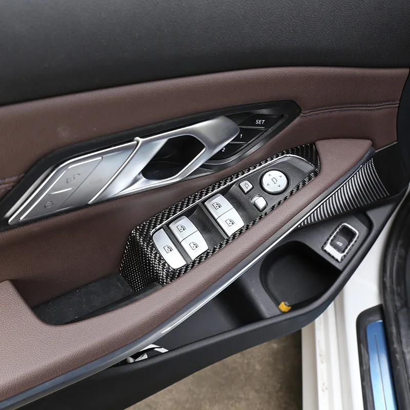Interior del coche de Fibra de Carbono de la Ventana de Panel de Interruptor de Botón Marco de Cubierta de Panel de ajuste Accesorios Para BMW Serie 3 G20 G28 2019-2020 3