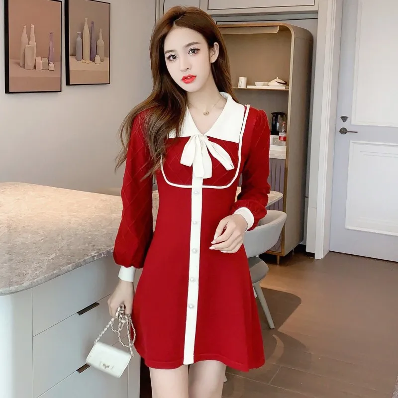 Nueva Llegada de la Pista de la Ropa de las Mujeres Suéter coreano Dulce de un Solo Pecho de la Linterna de la Manga de la pajarita tejido Jersey Vestido de Vestidos 3