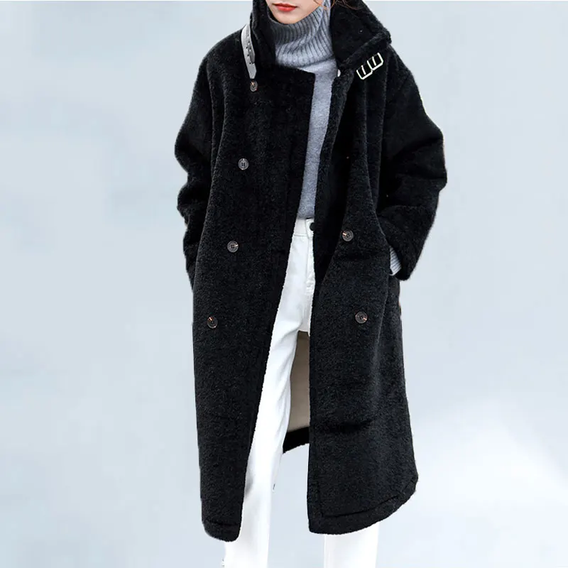 2019 Invierno de las Mujeres de Imitación de Piel Abrigo de Doble Botonadura Abrigo de la Oficina de Damas Suelto Espesar Cálida Lana Larga de Piel Falsa de la chaqueta de la ropa de Abrigo 3