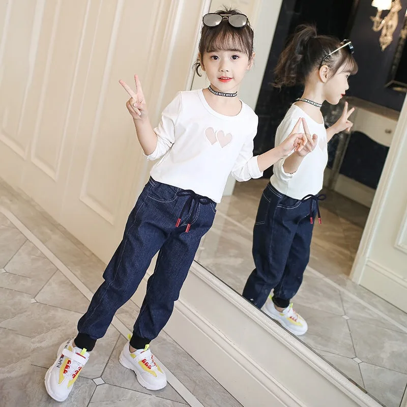 Jeans Para Niñas Primavera Otoño coreano Impresión Casual Jeans Cálida Carta de Jeans Para Niños Slim-fit pantalones abrigados de 4 a 14 Años 3