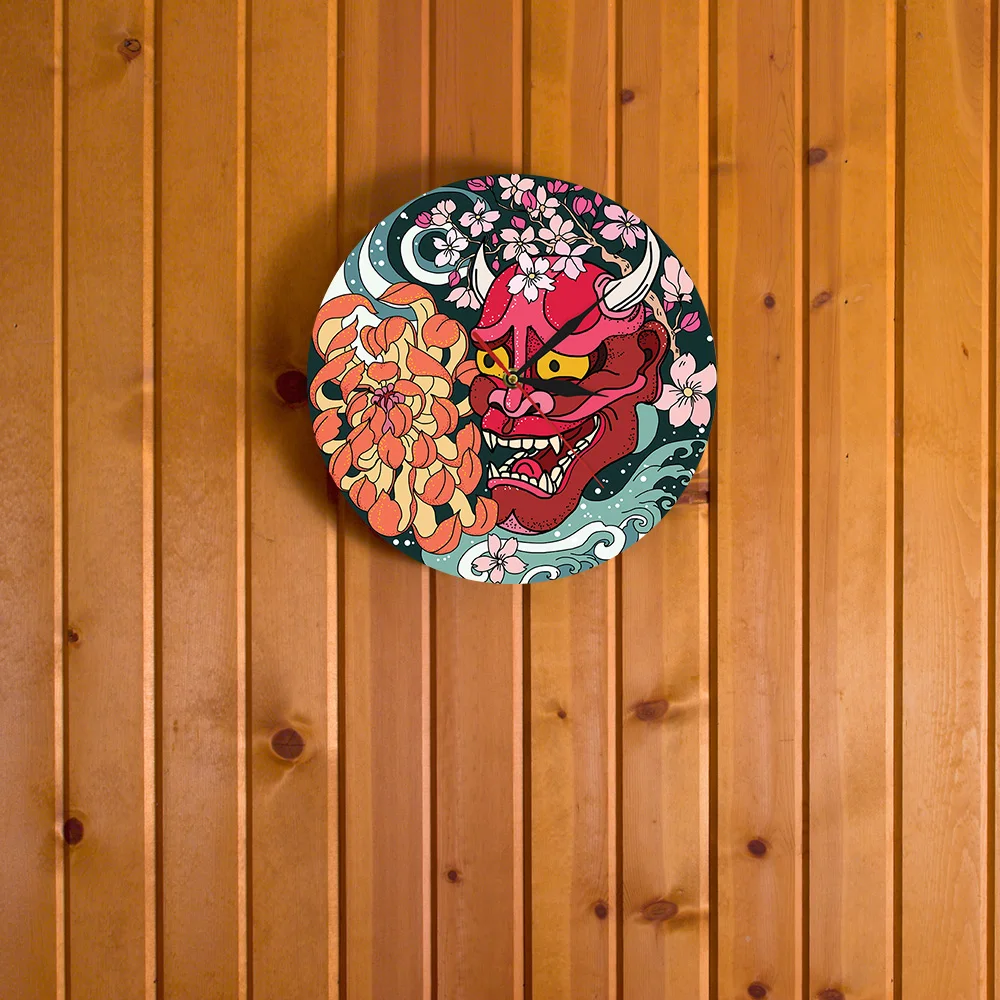 Japonés Peonía Flor De Acrílico Del Reloj De Pared Gótico Rojo Oni Máscara De Demonio Impreso Reloj De Japón Sherpa Mal Muerte Roja Reloj De La Decoración 3
