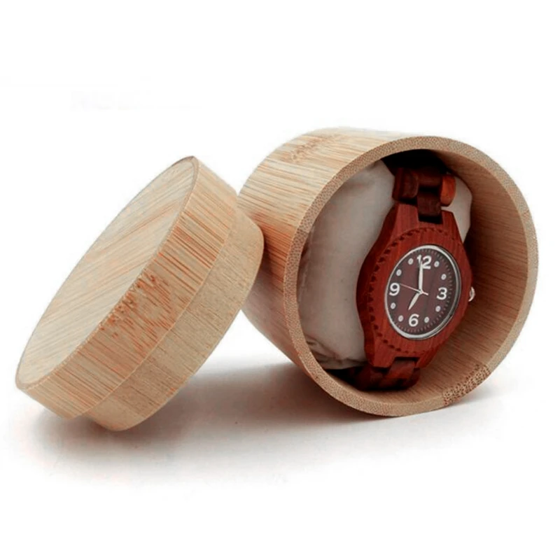 Elegante Y De Bambú, Reloj De Caja De Regalo De La Joyería De La Pantalla Cilíndrica De Caja De Almacenamiento Con La Almohada 3