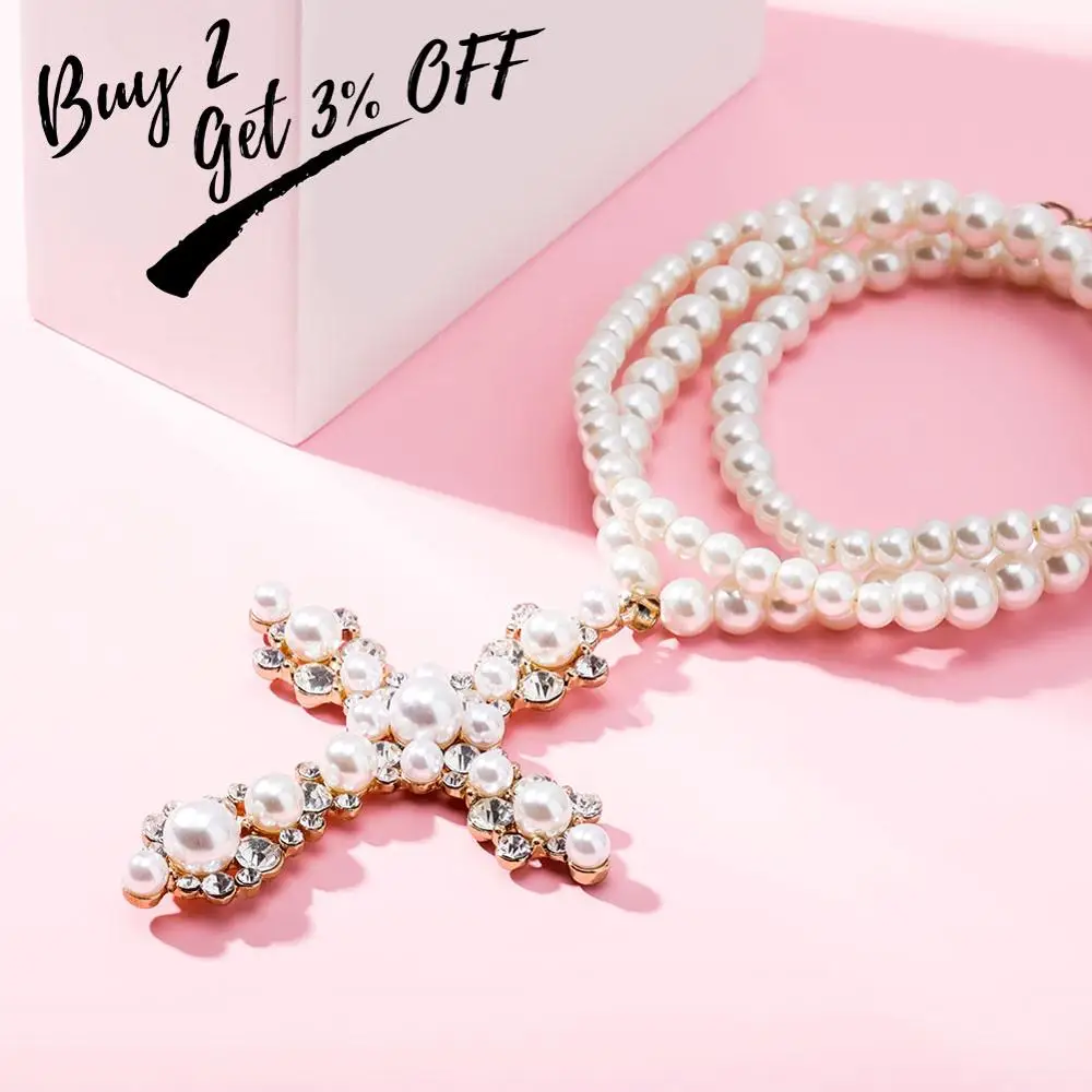 TOPGRILLZ Nueva Moda Vintage Collar de Perlas con Perla Blanca Helada Fuera de Cubic Zirconia Cruz Colgante Encanto de la Joyería Para las Mujeres 3