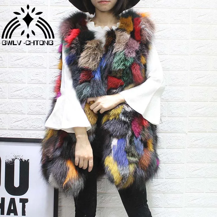 Los nuevos Real de la naturaleza genuina de piel de zorro chaleco de las mujeres de moda multi-color colorido chaqueta de piel gilet personalizadas de cualquier tamaño 3