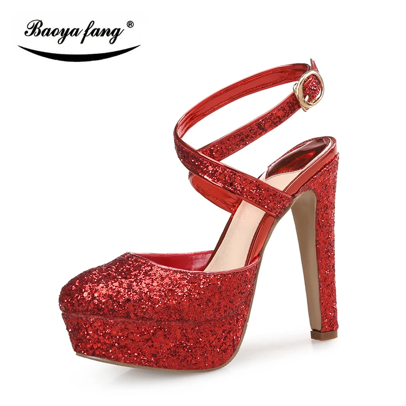 BaoYaFang Marca Blingbacks Bling Womens 12cm de tacón alto de la plataforma de los zapatos de mujer de moda de tacón grueso de la Bomba de oro/plata/rojo damas de zapatos 3