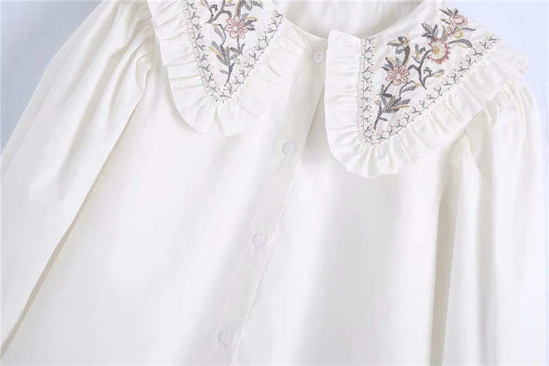Mujer Elegante Bordado De Flores Camisa 2020 De La Moda De Las Señoras De Giro Hacia Abajo Del Cuello De La Camisa De Ropa De Mujer Suelta Tops Niñas Elegante Blusa 3