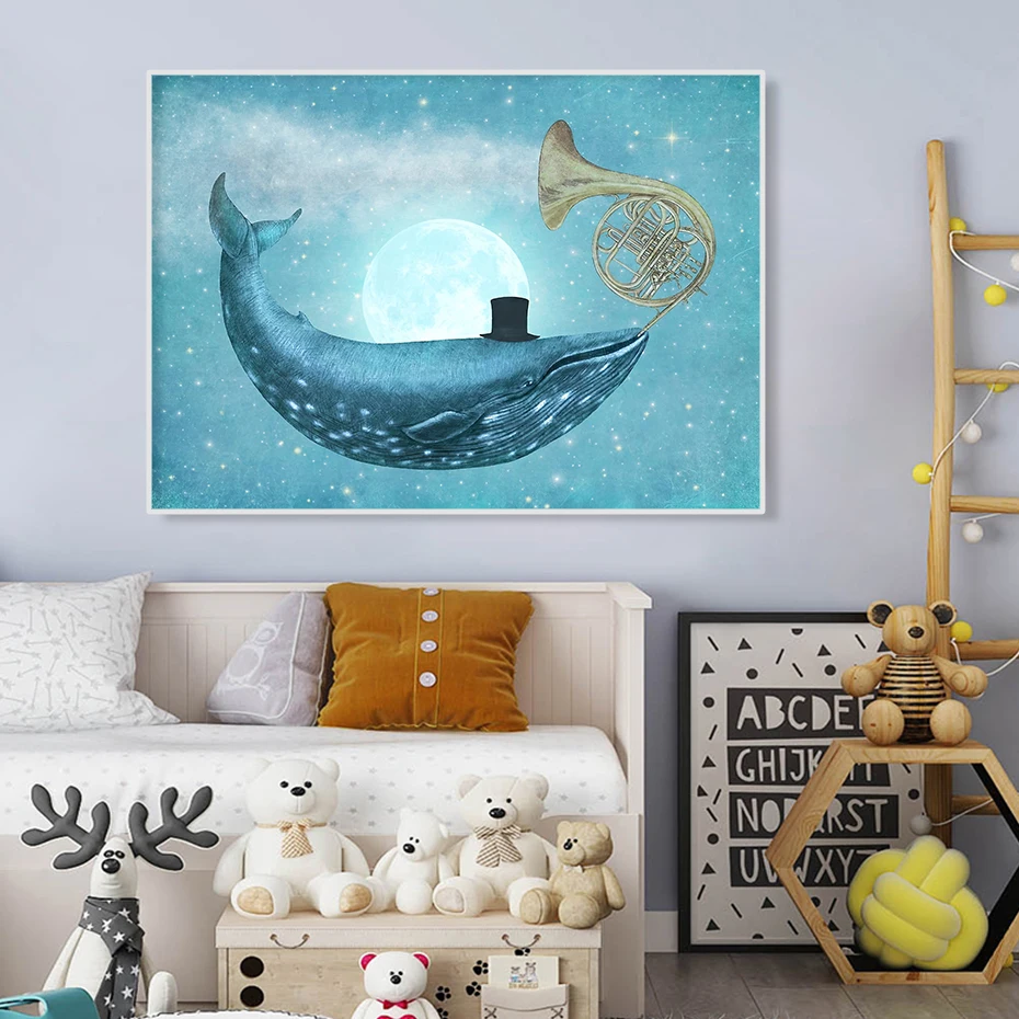 Azul de Cielo Estrellado, la Luna Delfín Cuerno de Ensueño, Pintura en tela, Vivero de Arte de la Pared Imprime el Cartel de la Foto de los Niños del dormitorio de la Decoración casera 4