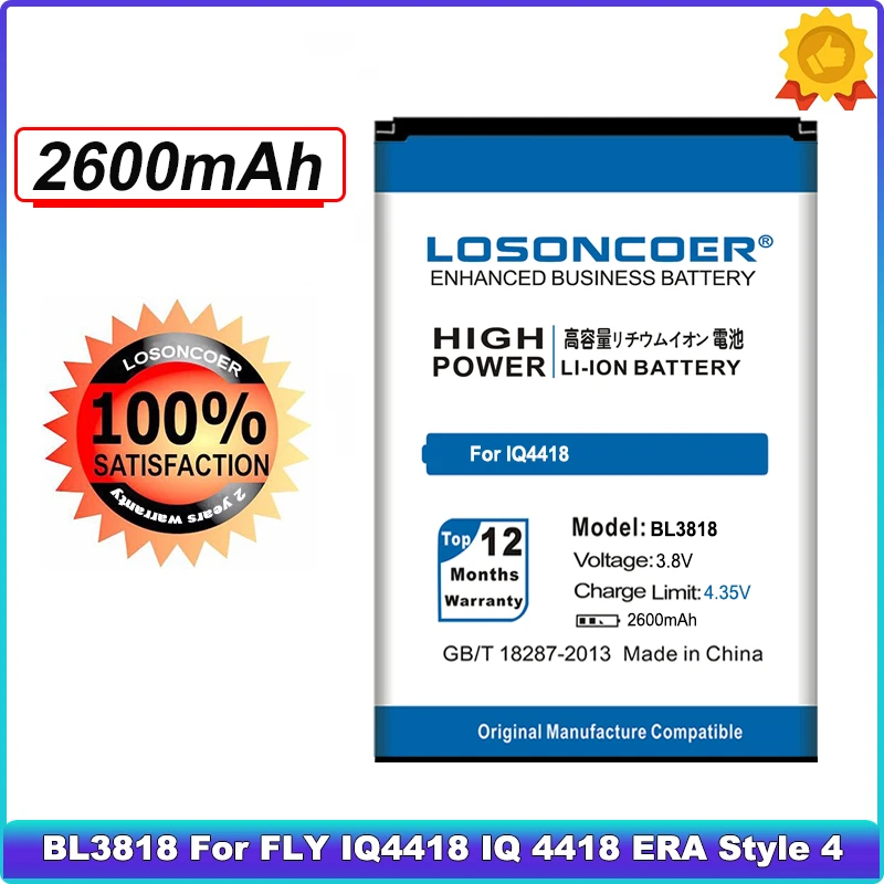 LOSONCOER 2600mAh BL3818 Batería Para VOLAR IQ4418 IQ 4418 ERA de Estilo 4 BL 3818 / Micromax S308 de Litio-ion batería de polímero de 4
