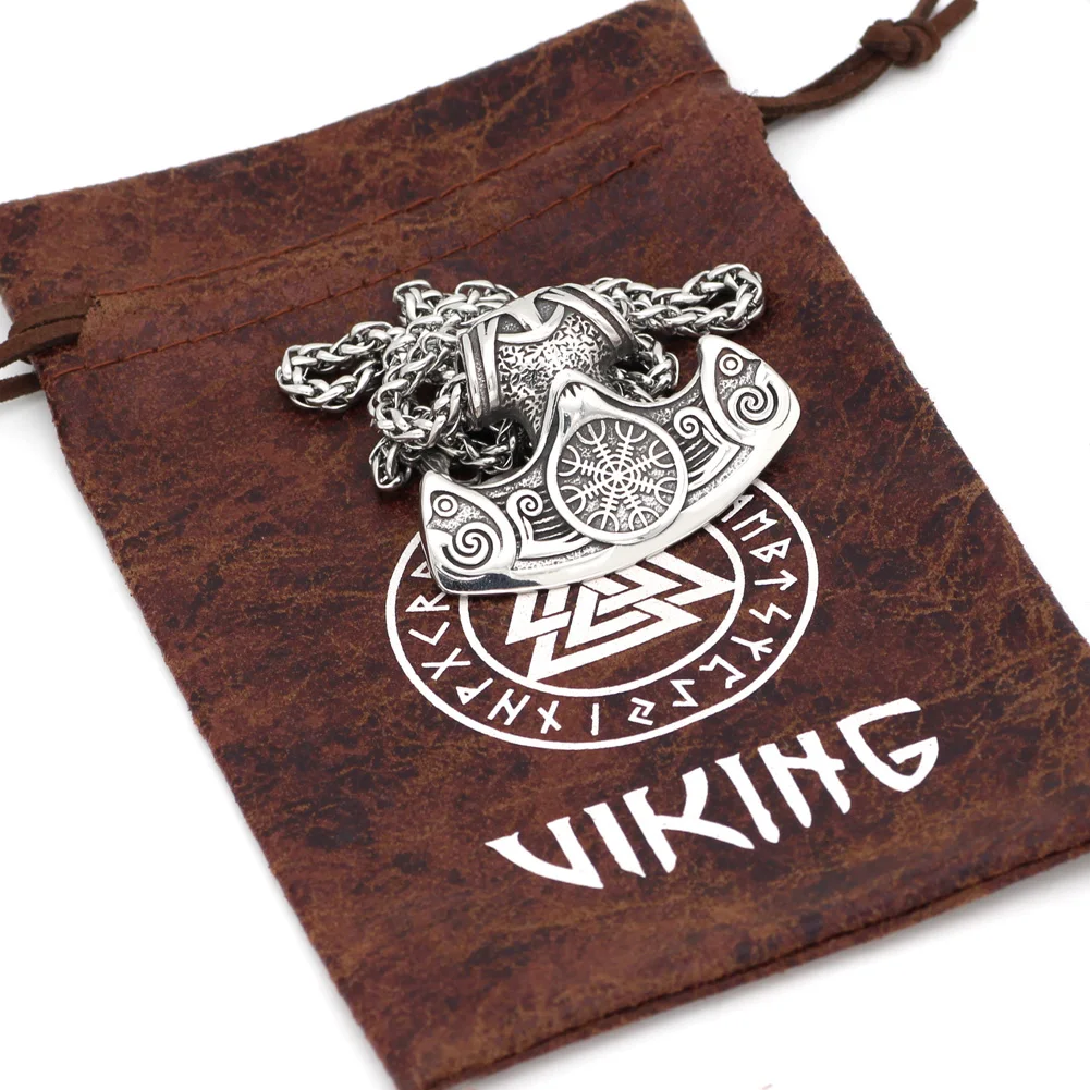 Los hombres de acero inoxidable mamen viking vegvisir amuleto hacha colgante, collar 4