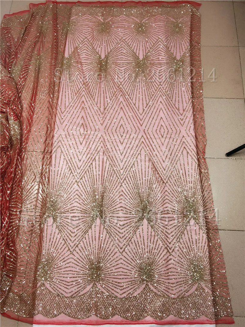 De color oro glitter rojo malla especial de la mano de impresión pegado brillo de la tela de encaje bordado del cordón para el vestido de noche 4