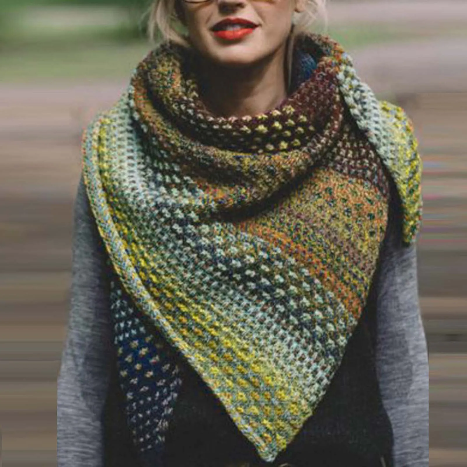 Las mujeres de Invierno Cálido Cara de Color Colorido Crochet Engrosamiento de punto Suave Chal Bufanda Vintage Otoño Plaid Bufanda Larga Chales шарф hiyab 4
