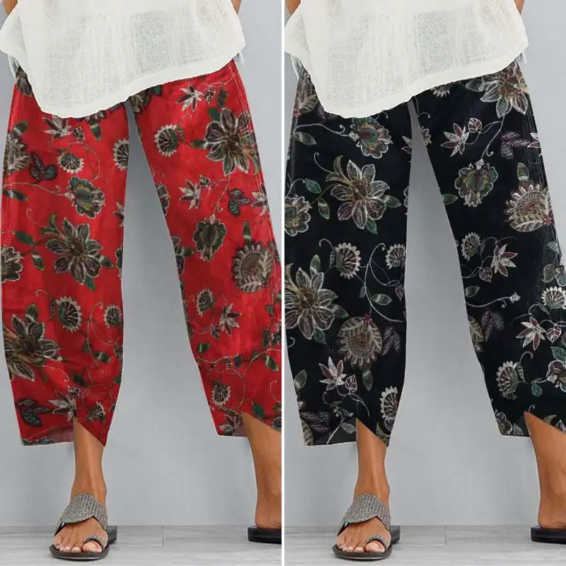 De verano, Pantalones Harem, ZANZEA Mujeres Vintage Floral Impreso Pantalones Casual Elástico de la Cintura de los Pantalones Largos Asimétricos Pantalon Talla Plus 4