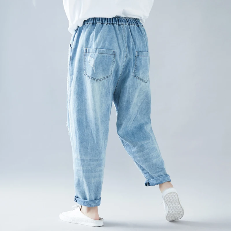 NYFS 2019 temporada de Primavera / Verano de las Mujeres jeans sueltos Agujeros de la personalidad de elástico en la cintura del Dril de algodón Pantalones de pelo Blanco, Pantalones Harem 4