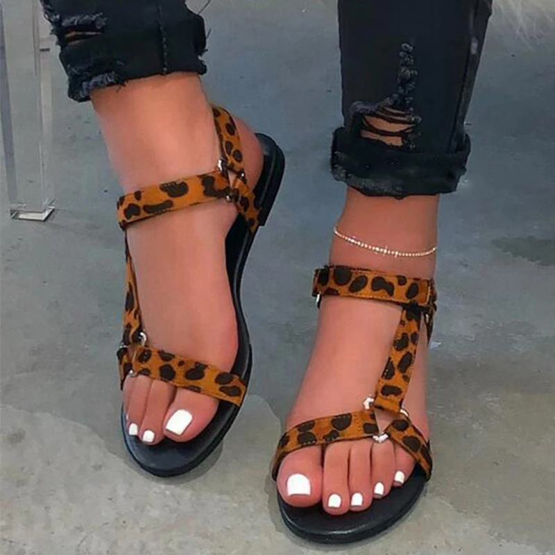 2020 de las Mujeres de Tobillo-Correa de la Moda de Verano Sandalias de Verano tacones Bajos Dedo del pie Abierto de impresión de Leopardo Zapatos de Gamuza Cómodas Sandalias de Playa 4