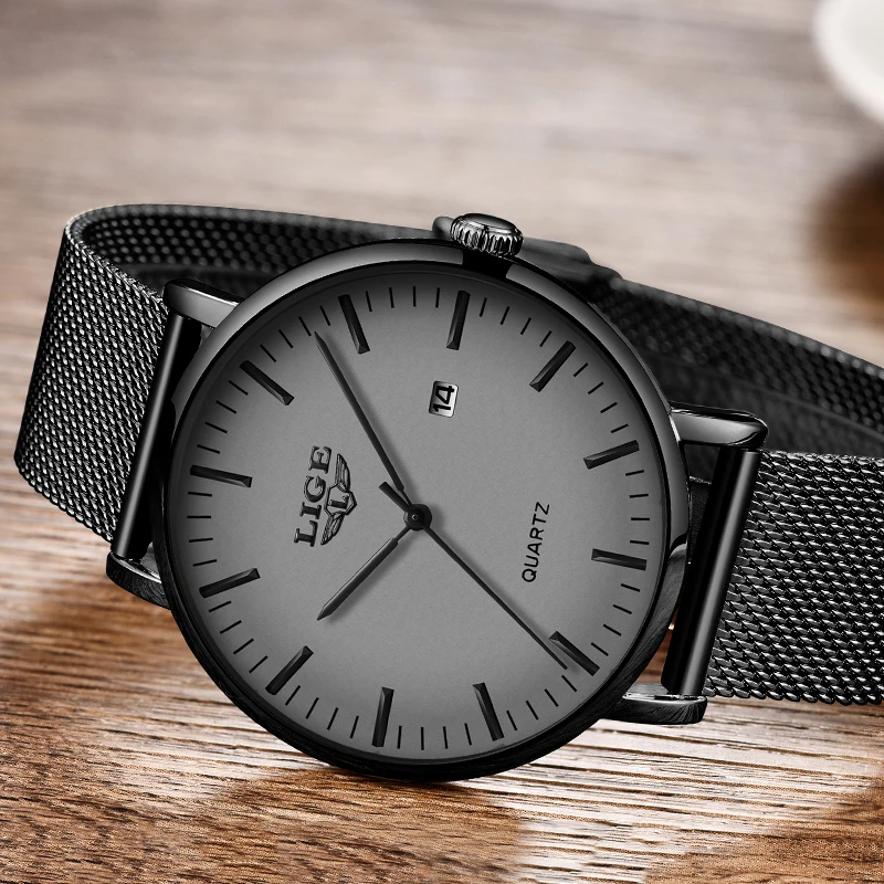 2020 LIGE Nuevos Relojes de Moda de Hombre Simple de Acero Inoxidable Dial de Fecha Delgado Reloj De los Hombres de Lujo Casual Impermeable Reloj de Cuarzo+Caja 4