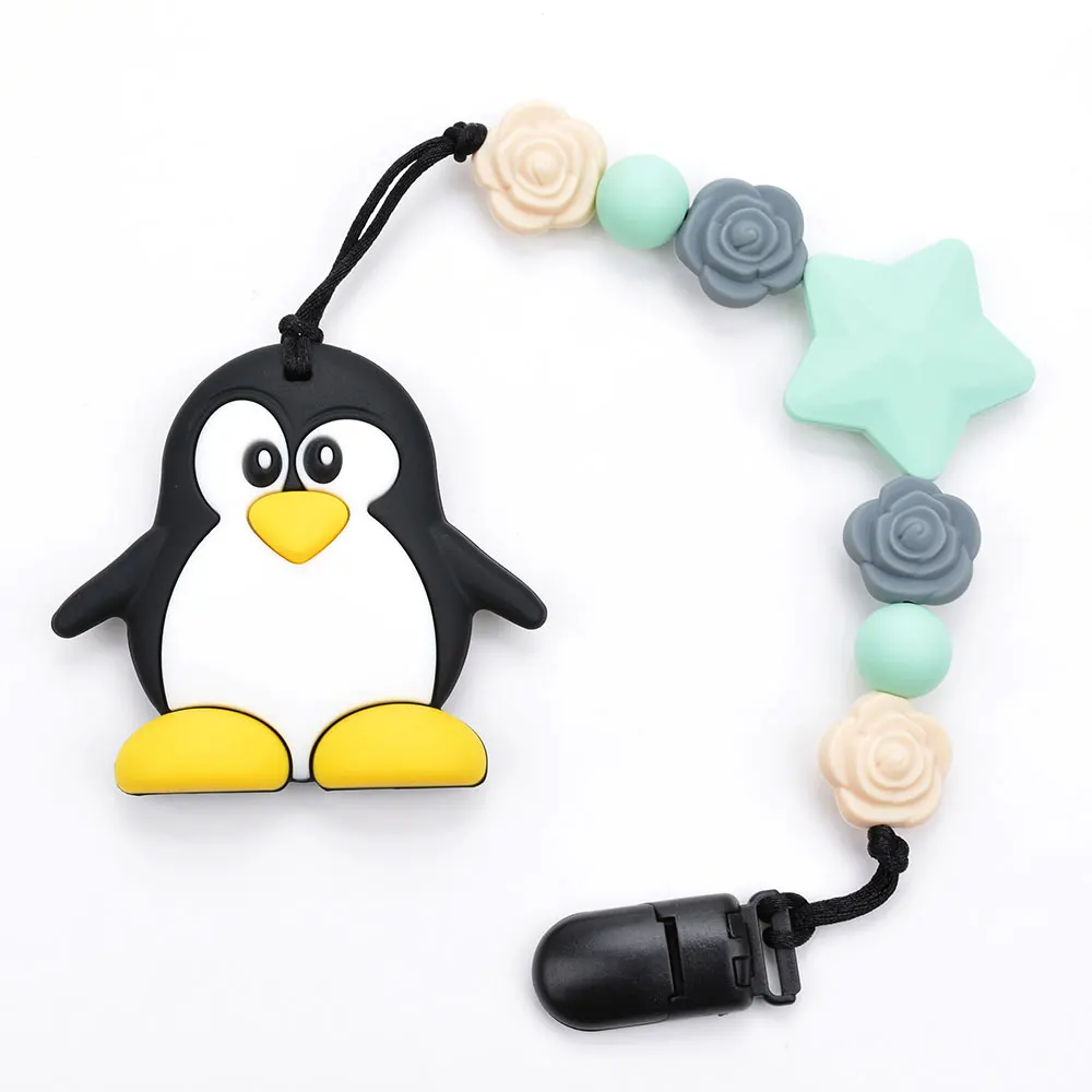 De silicona de Juguete Penguin Libre de BPA de Enfermería Suave y Corta la Cadena Colgante Collar de Flores de Perlas Portador de la Seguridad del Bebé Titular de Accesorios 4