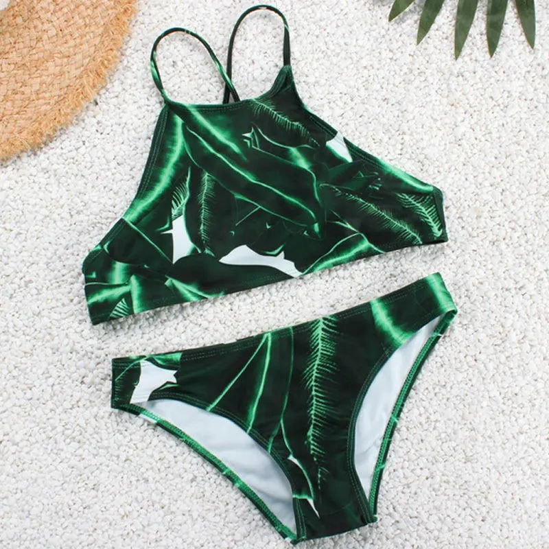 2018 Caliente Floral Sexy de las Mujeres de color Verde de la Hoja de Impresión de trajes de baño Bikini Conjunto Push-up Sujetador Acolchado Vendaje Traje de Baño ropa de playa de brasil 4