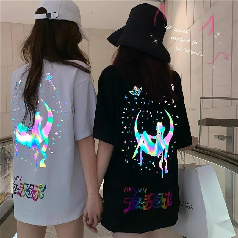 NiceMix T-shirt de las mujeres de verano de 2020 de colores reflectantes Sailor Moon camiseta holgada de las mujeres jóvenes del estudiante en blanco y negro camiseta de marea 4