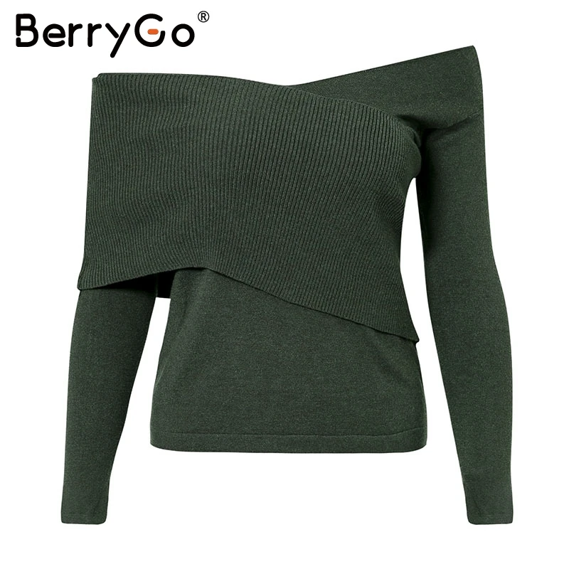 BerryGo un hombro Elegante v-cuello de punto suéter de la mujer de manga Larga suave slim 