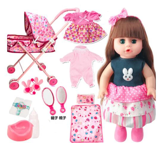 Reborn baby doll con cochecito juguetes hablar chica parpadeo de alimentación pis recién nacidos verdadera muñeca plegable Carro de vestir muñecas g 4