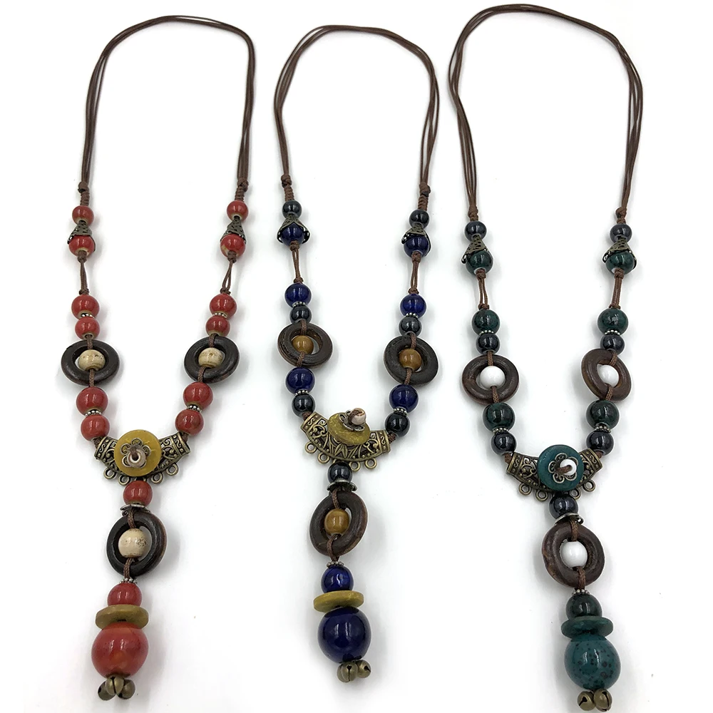 Vintage Étnico Coloridas bolas de Cerámica colgante, Collar Ajustable con Nudos Largo collar colgante para las Mujeres de regalo 4