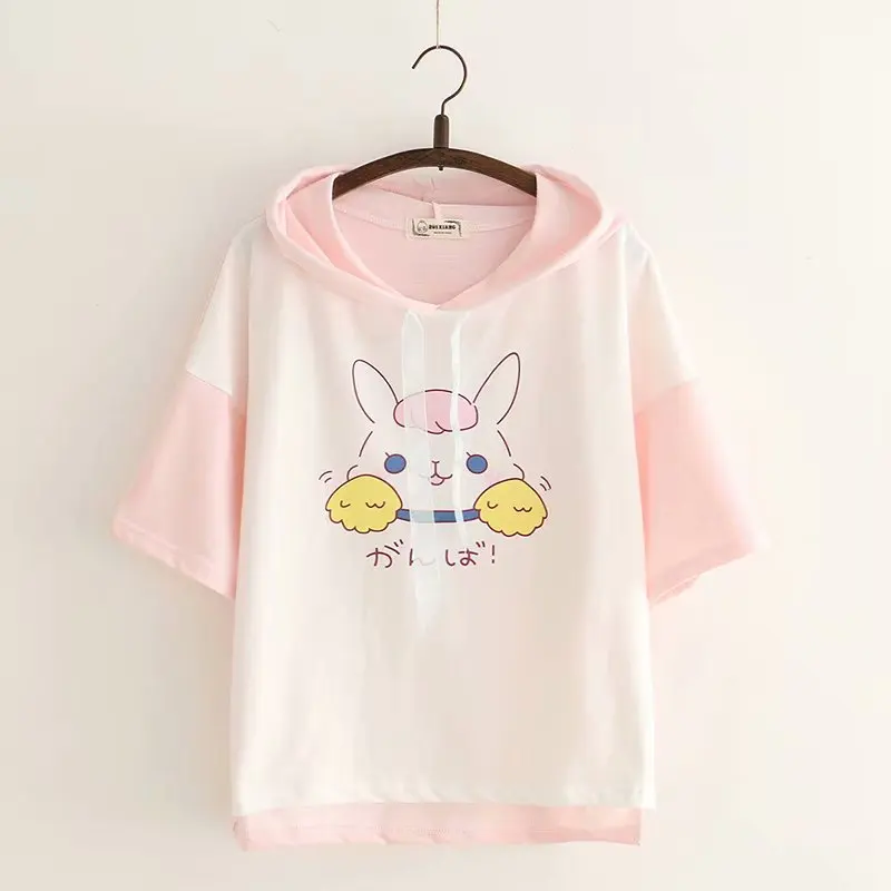 Japonés Harajuku Kawaii Conejo Camiseta De Niñas Coreano Lindo Conejito Casual Tops De Verano De Manga Corta De Mujer Camiseta De Las Mujeres Ropa De Color Rosa 90 4