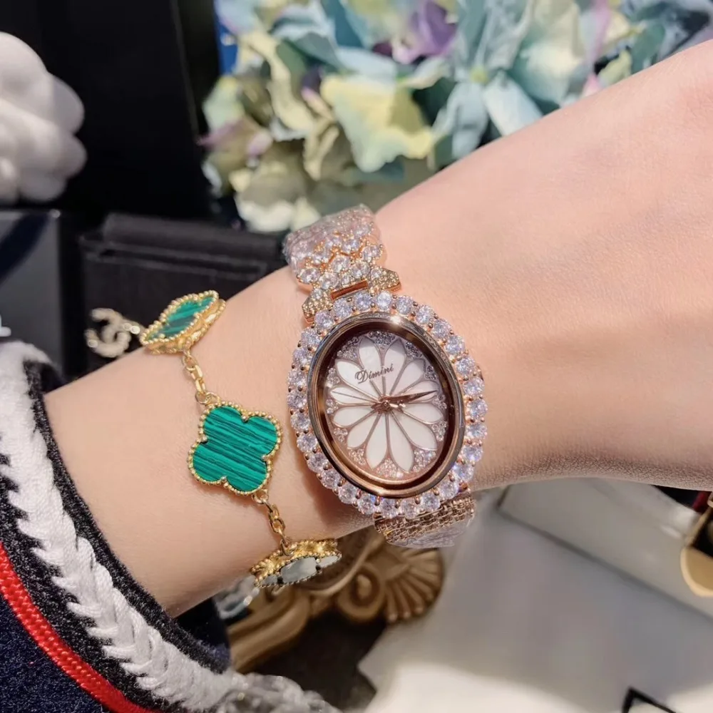 Delicado de Lujo Brillante Rhienstones Joyas Relojes para las Mujeres de Moda Elegante Oval Pulsera de Reloj de Cuarzo reloj de Pulsera Lotus Flower 4
