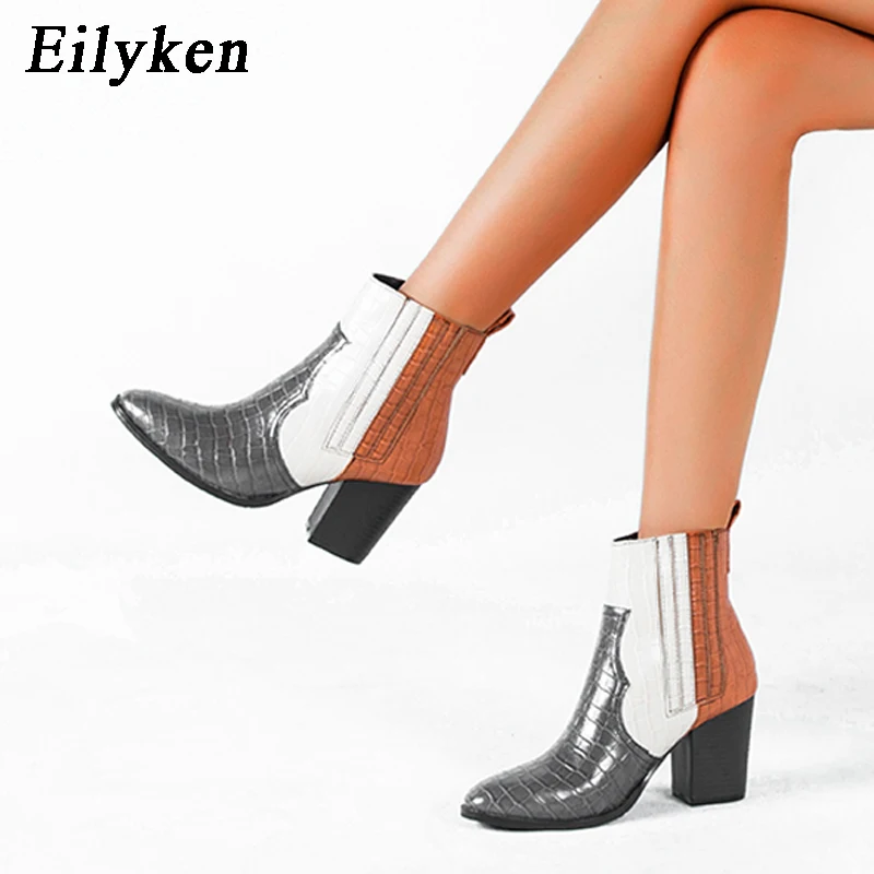 EilyKen Nuevos Colores Mezclados de Serpiente de grano de Tobillo Botas Mujer Plaza de los Tacones de los Zapatos de cordones de Cuero de la Pu Tacones Gruesos Chelsea Botas de las Mujeres 4