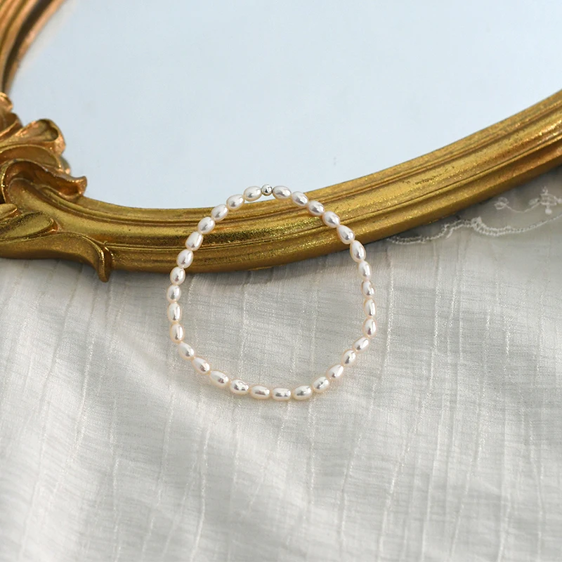 ASHIQI de 3-4mm Real de agua dulce natural de la perla pulsera de plata 925 cordón elástico de la cuerda de moda de la joyería de las mujeres 4