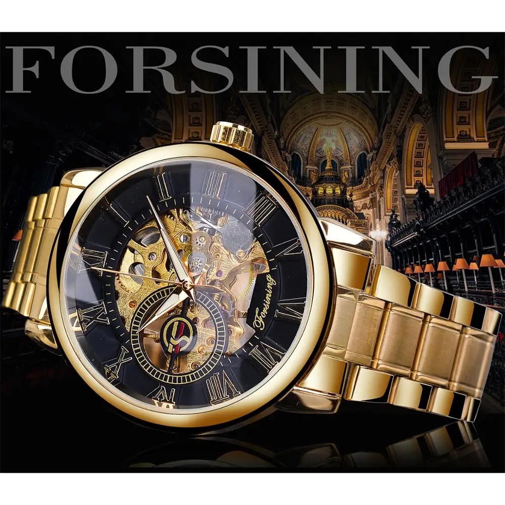 Forsining Nuevo Oro Esqueleto Reloj Mecánico Viento De Mano Para Hombre Correa De Acero Inoxidable Reloj De Pulsera De Los Deportes Militar Del Ejército Del Reloj 4